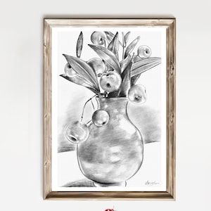 Vintage Pencil Sketch Wall Decor, Flower Drawing Printable Wall Art,  Pencil Drawing Floral Poster, JPG Print Digital Download