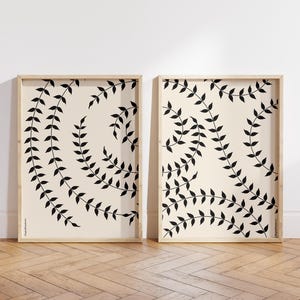 Minimalist Leaf Print Set: Black Leaves on Beige, Modern Home Decor (Digital Download)