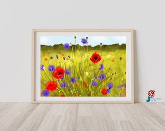 Colorful Wildflower Field Printable Wall Art, Spring Landscape Home Decor, Digital Floral Oil Painting Poster, Farmhouse Antique Print