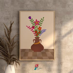 Arte de pared imprimible con jarrón floral colorido / Póster de arte con jarrón marrón / Regalo para sala de estar Impresión de decoración del hogar en formato JPG / Decoración de pared con flores modernas