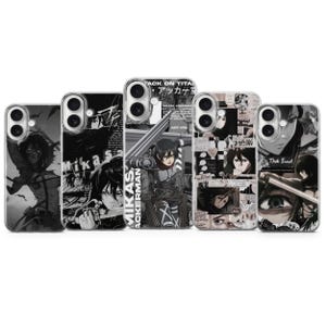 May include: Five clear phone cases featuring black and white anime-style character graphics. The designs include various illustrations of a character with dark hair, text reading Mikasa Ackerman, Attack on Titan, and The End, and collage elements.
