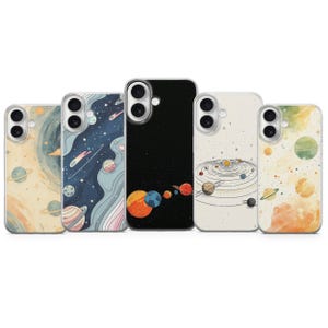 May include: Five rectangular phone cases featuring space-themed designs. The cases display various artistic interpretations of planets, stars, and cosmic nebulae in color palettes ranging from soft pastels and deep navy blue to solid black.