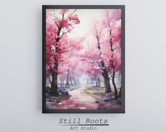 Watercolor Cherry Blossom Wall Art, Watercolor Landscape, Cherry Blossom Poster, Cherry Blossom Trees, Printable Wall Art, Digital Download
