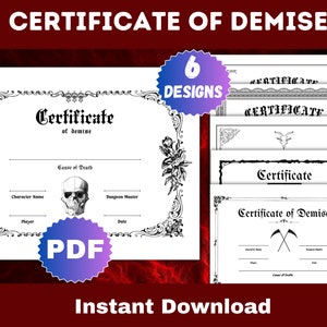Certidão de Óbito de D&D | Certificado de falecimento para impressão | Presente do Mestre da Masmorra | Perda de personagem de Dungeons and Dragons | Presente de jogador DND