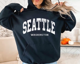 Distressed Seattle Washington Hoodie: Retro Emerald City Pullover