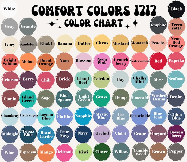 Puede incluir: Una carta de colores con 64 muestras de color diferentes, cada una con un nombre. La carta se titula "Comfort Colors 1212 Color Chart".
