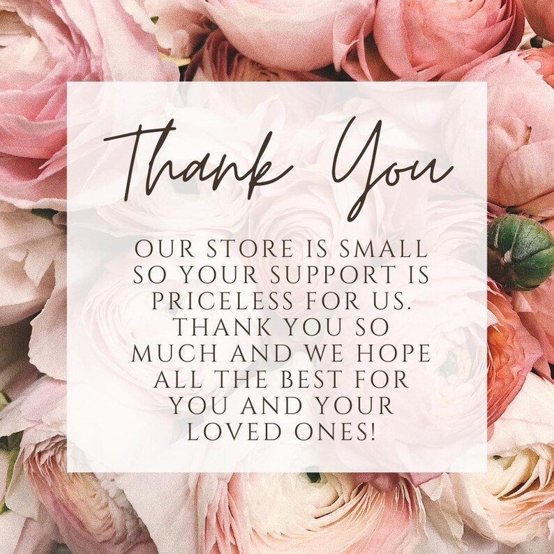 May include: A square white card with the words "Thank You" in elegant script, surrounded by a background of pink and peach flowers. The card also includes a message of gratitude and well wishes.