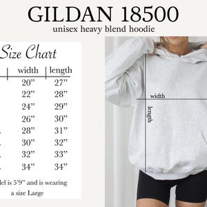 May include: A light gray unisex heavy blend hoodie with a size chart. The chart lists sizes S to 5XL, with corresponding width and length measurements in inches. The model is 5'9" and wearing a size Large.