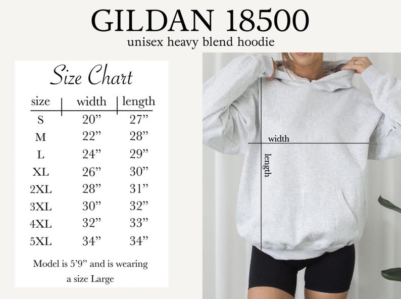 May include: A light gray unisex heavy blend hoodie with a size chart. The chart lists sizes S to 5XL, with corresponding width and length measurements in inches. The model is 5'9" and wearing a size Large.