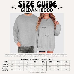 May include: A size guide for a Gildan 18000 unisex crewneck sweatshirt. The guide includes measurements in inches for width, length, and sleeve length, ranging from size S to 5XL. The image also shows a man and woman wearing the sweatshirt.