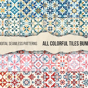 50 farbenfrohe digitale Texturen von Keramikfliesen, nahtlose Hintergrundbilder, einfache Azulejo-Muster, Majolika-Fliesen, iberisches Fliesenmuster, druckbare PNG-Dateien