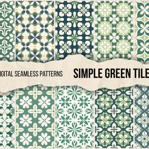 May include: A collection of 10 digital seamless patterns featuring simple green tiles with various geometric and floral motifs in shades of forest, sage, and cream, with the text 10 DIGITAL SEAMLESS PATTERNS SIMPLE GREEN TILES displayed across the center.