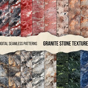 Pode incluir: Uma coleção de 20 padrões digitais sem costura apresentando várias texturas de pedra de granito em tons de vermelho, preto, cinza, verde e azul. A imagem inclui o texto 20 DIGITAL SEAMLESS PATTERNS GRANITE STONE TEXTURES em uma tira de papel rasgada.