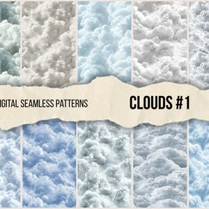 Op de afbeelding: Een collectie van 10 digitale naadloze patronen met diverse wolkenformaties in tinten wit, grijs en lichtblauw. Een horizontale beige papieren strook in het midden toont de tekst 10 DIGITAL SEAMLESS PATTERNS CLOUDS #1.