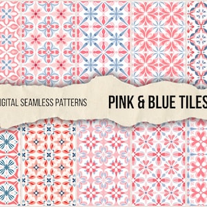 Digitale Textur von rosa und blauen Keramikfliesen, nahtlose Azulejo-Tapete, einfaches nahtloses Majolika-Muster, Majolika-Fliesen-Azulejo-Texturen