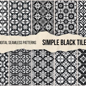 May include: A collection of 10 digital seamless patterns featuring simple black and white tile designs. The image displays various geometric and floral motifs arranged in a grid, with the text 10 DIGITAL SEAMLESS PATTERNS SIMPLE BLACK TILES.