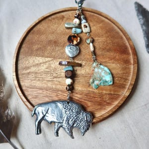 Bison and Turquoise Bag Charm and Key Chain, Turquoise Pendant, Bison Bag Charm, Natural Stones, Western Bag Charm, Western Key Chain