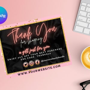 Editável no Canva Business Inserção de agradecimento, Cartão de inserção de embalagem rosa e preto moderno, Folheto de agradecimento pelo seu pedido, Cartão de mídia social
