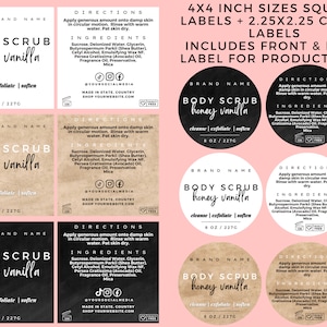 Modello etichetta barattolo scrub corpo, modello etichetta prodotto scrub zucchero modificabile, etichette avvolgenti scrub corpo Canva, etichetta scrub corpo bagno per la cura della pelle