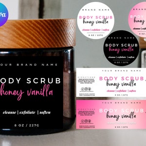 Modello etichetta scrub corpo, etichetta barattolo scrub corpo Canva modificabile fai da te, etichetta prodotto stampabile per la cura della pelle, etichette adesive personalizzate, , 6 oz