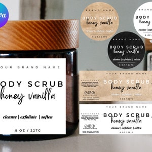 Modello etichetta barattolo scrub corpo e burro corpo, etichetta prodotto modificabile per la cura della pelle, etichetta avvolgente barattolo prodotto, pacchetto modello stampabile CANVA