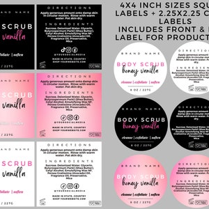 Modello etichetta scrub corpo, etichette modificabili per la cura del corpo, modello etichetta prodotto Canva, etichetta scrub zucchero stampabile per la cura della pelle, etichetta cosmetica
