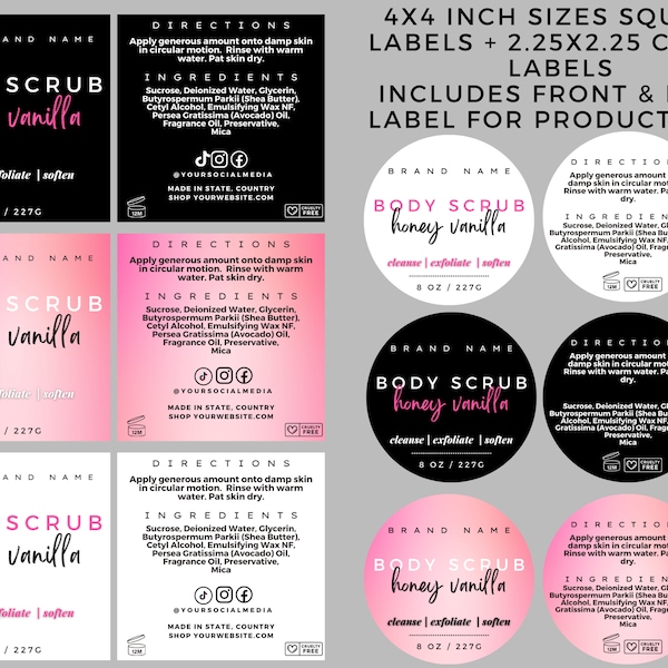 Körperpeeling bearbeitbare Etikettenvorlage, druckbares Zuckerpeeling-Produktetikett, Canva-Körperpeeling-Wrap-Etiketten, Bad-Körperpeeling-Etikett für die Hautpflege