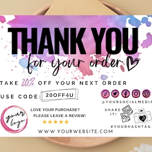 Editable in CANVA Thank You Insert Card Template, Rainbow Watercolor Packaging Thank You For Order, Printable Business Card, Add Logo