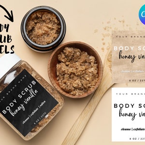 Modello stampabile per etichetta barattolo scrub corpo, etichetta prodotto scrub allo zucchero modificabile, etichetta avvolgente scrub corpo, etichetta scrub corpo bagno per la cura della pelle