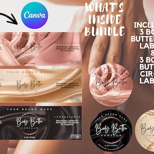 Peut inclure: Trois étiquettes imprimables pour pots de beurre corporel. Les étiquettes sont en rose, or et noir avec une texture satinée. Les étiquettes comportent le texte "Body Butter Vanilla" et "Your Brand Name". Les étiquettes sont de 6 oz (170g).