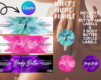 Editable Body Butter Jar Label Template, Wrap Around Label for Jar & Circle Label, Skincare Business, Custom Canva Labels, Jar Sticker Label