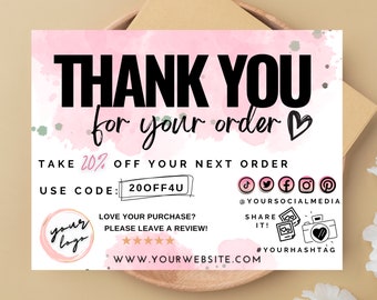 Rosa Aquarell Dankeskartenvorlage, Verpackung für kleine Unternehmen (Canva bearbeitbar, digitaler Download)