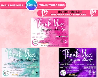 May include: Pink, teal, and purple "Thank You" cards for small businesses. Each card features the text "Thank You for your order" and includes a discount code for the next purchase. The cards are editable Canva templates.