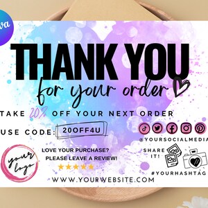 Editable in CANVA Thank You Insert Card Template, Rainbow Heart Watercolor Packaging Thank You For Order, Printable Business Card, Add Logo