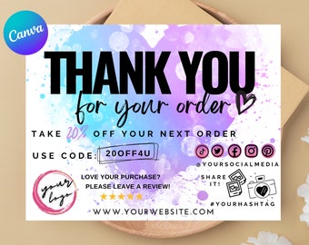 May include: A thank you card with a watercolor background in shades of blue, purple, and pink. The card features the text "THANK YOU for your order" in large black letters. It also includes a discount code and social media icons.