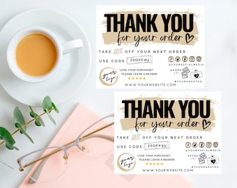 May include: Two thank you cards with a brown and white background. The text on the cards reads "Thank you for your order" with a heart symbol. The cards also include a discount code, "200FF4U", and instructions to share on social media.