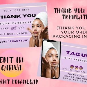 Editable Thank You Card Template, Skincare Thank You Card for Small Business, Canva Template Order Packaging Inserts, Custom Business Card