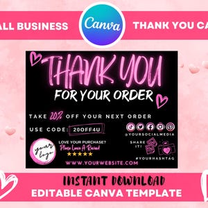 Pink and Black Thank You Card Template, DIY Canva Business Cards, Thank You For Order Packaging Insert, Marketing Cards Template Design