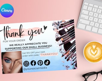 Plantilla de tarjeta de agradecimiento para maquillaje, inserto para empaque de pequeñas empresas (editable en lienzo)