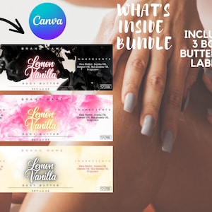 Op de afbeelding: Drie afdrukbare etiketten voor body butter potten met een zwarte, roze en gele achtergrond. De etiketten bevatten de tekst "Lemon Vanilla Body Butter" in een roze en gele lettertype. De etiketten bevatten ook instructies en ingrediënten.