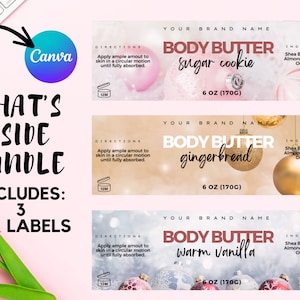 Plantilla de etiquetas de mantequilla corporal imprimible, editable en CANVA Etiqueta de frasco de productos navideños para el cuidado de la piel, diseños personalizados de envoltura de mantequilla corporal batida