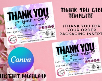 Aquarell Dankeskartenvorlage, bearbeitbares Canva Design (Digitaler Download)
