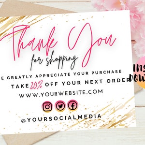 Könnte beinhalten: Vielen Dank für Ihren Einkauf. Wir schätzen Ihren Kauf sehr. Erhalten Sie 20% Rabatt auf Ihre nächste Bestellung. WWW.YOURWEBSITE.COM. @YOURSOCIALMEDIA. Sofortiger Download.