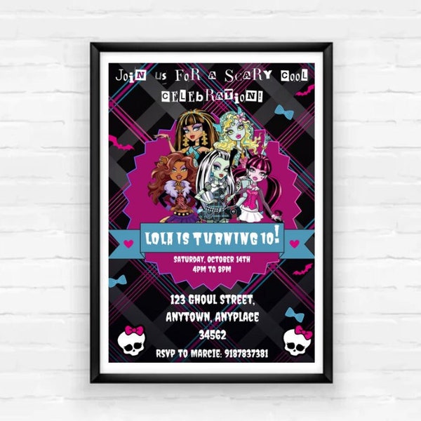 Invitation d'anniversaire de Monster High, invitation de fête de fille Monster High, invitation de fête de filles de Monster High, fête d'anniversaire d'anniversaire de Monster High, fête de monstre pour enfants de Monster High