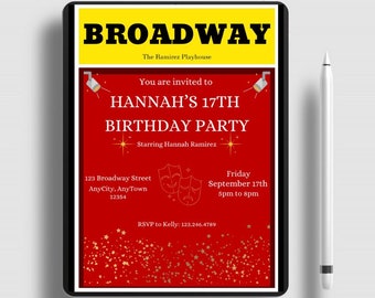 Broadway Birthday Party Invitation Theatre Party Film Party Birthday Invite Movie Night Broadway Party Invite Movie Birthday