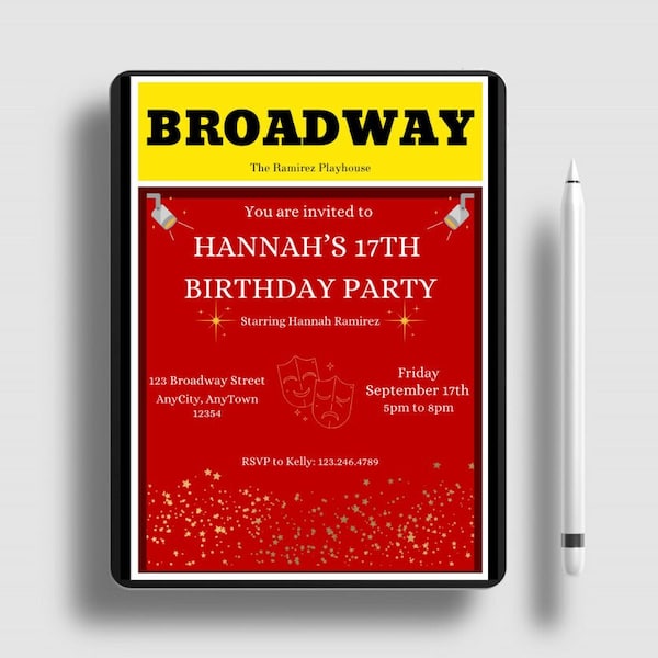 Broadway Birthday Party Invitation Theatre Party Film Party Birthday Invite Movie Night Broadway Party Invite Movie Birthday