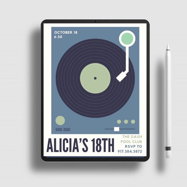 Music Record Birthday Party Invitation Blue Birthday Cool Invitation Musical Birthday Party Invitation Music Party