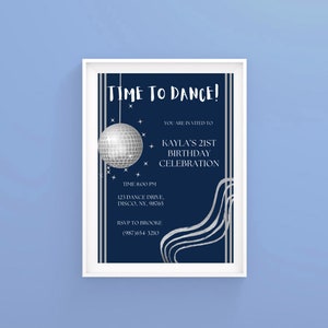 Faire-part d'anniversaire modifiable sur le thème disco, carte de fête disco bleue et argentée, carte d'anniversaire disco, faire-part bleu marine