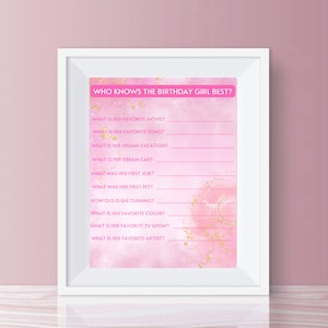 Who Knows the Birthday Girl Quiz Party Game Birthday Party Game Bachelorette Pink Party Barbie Party Birthday Games