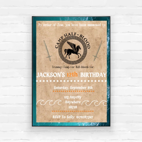 Percy Jackson Birthday Invitation Camp Half Blood Invite Birthday Kids Poseidon Birthday Invite Percy Jackson Party Teens PJO